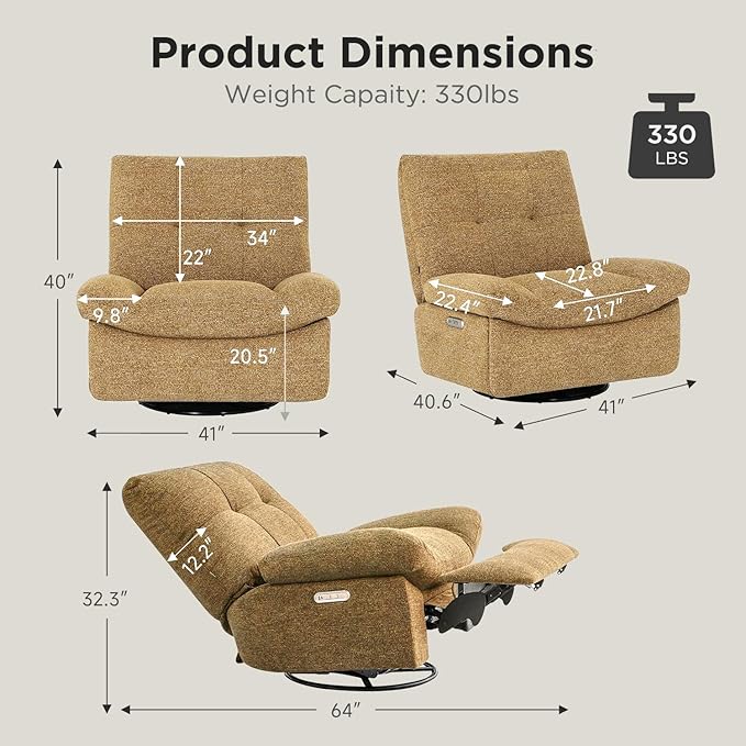 Nouhaus Swivel Rocking Chair Nursery, Oversized Glider Rocker Recliner Chairs with Footrest, USB & Type-C Ports, Rocking Recliner Chair for Nursery, Living Room (Snooze Classic, Autumn Brown)