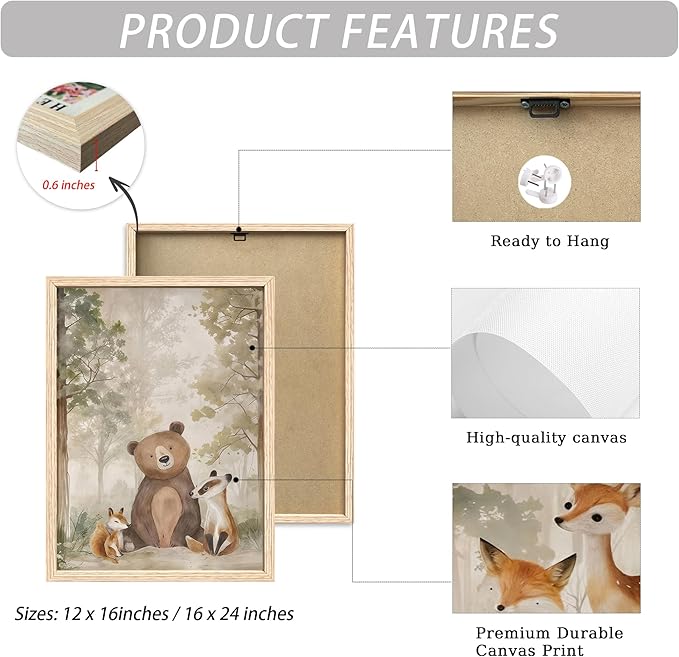 ICHZUMW Woodland Nursery Decor Wall Art Set of 3, Cute Forest Friend Animal Canvas Prints Bear Fox Deer Pictures, Nature Watercolor Paintings, Baby Room Kids Bedroom Playroom, Neutral Artwork 16x24in