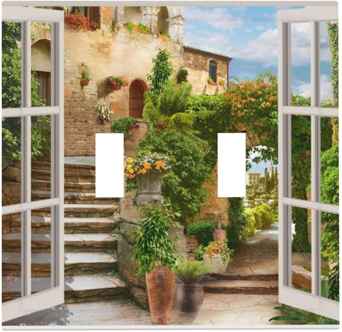 Mediterranean Greece Scene Flowers 2 Gang Light Switch Plate Decorative Double Toggle Wall Plate Italian Town from Another Window Receptacle Switchplate Decorate for Home Living Room Bedroom
