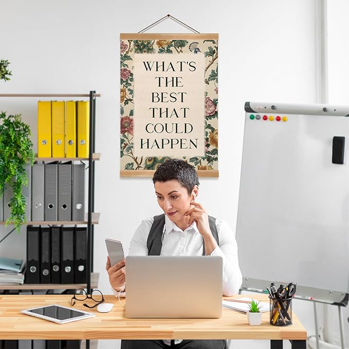 ZTGDA Inspirational Vintage Floral Wall Art –What’s the Best That Could Happen,Quote Linen Canvas Poster, Motivational Hanging Wall Decor for Office, Bedroom, Therapy Room or Study Decor(Happen)
