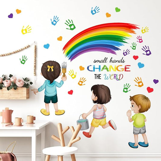 Inspirational Quote Small Hands Change The World Wall Decals Rainbow Handprints Wall Stickers for School Classroom Kids Room Nursery Playroom Library Wall Decor