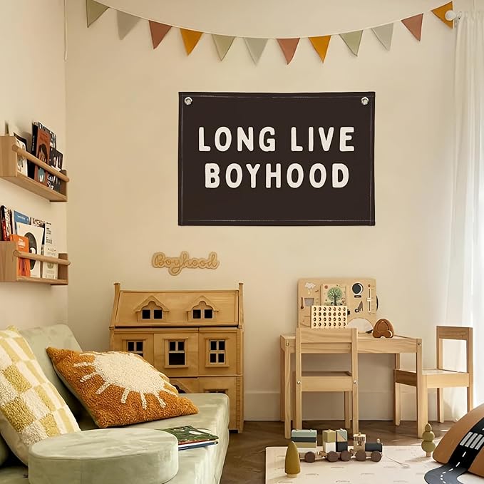 Long Live Boyhood Banner, Boy Nursery Decor, Canvas Banner Wall Hanging Banner Flag Decor for Nursery Playroom Toddler Room, Boys Kids Room Decor (Black)