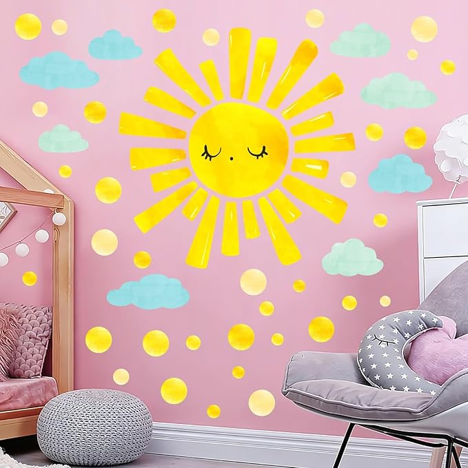 Large Sun Clouds Wall Decals Polka Dots Wall Decals Sun Cloud Wall Stickers for Kids Room Bedroom Nursery Playroom Classroom Decor