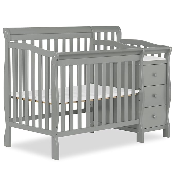 Dream On Me Jayden 4‑in‑1 Mini Convertible Baby Crib & Changer with Storage in Seagrass, Pinewood, GreenGuard Gold & JPMA, 1” Mattress Pad, 3 Mattress Heights, Converts to Mini Day & Twin-Size Bed