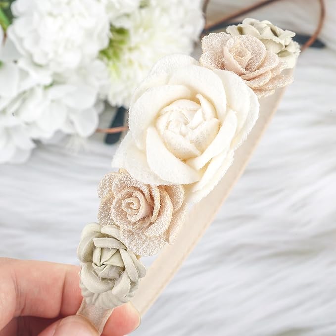 Flower Headbands for Girls Kids Toddlers Rose Floral Headpiece Non Slip Elegant Wedding Flower Crown Hairband Spring Summer Fashion Cloth Headdress Accessories for Birthday Party (Beige)