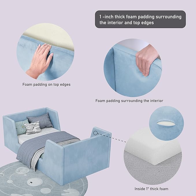 Toddler Bed, Toddler Floor Bed Frame with Guard Rails, Kids Bed for Ages 2-6 Years Kids Girls and Boys, Standard Crib Mattress Toddler Beds, Certified Fabric (Blue)