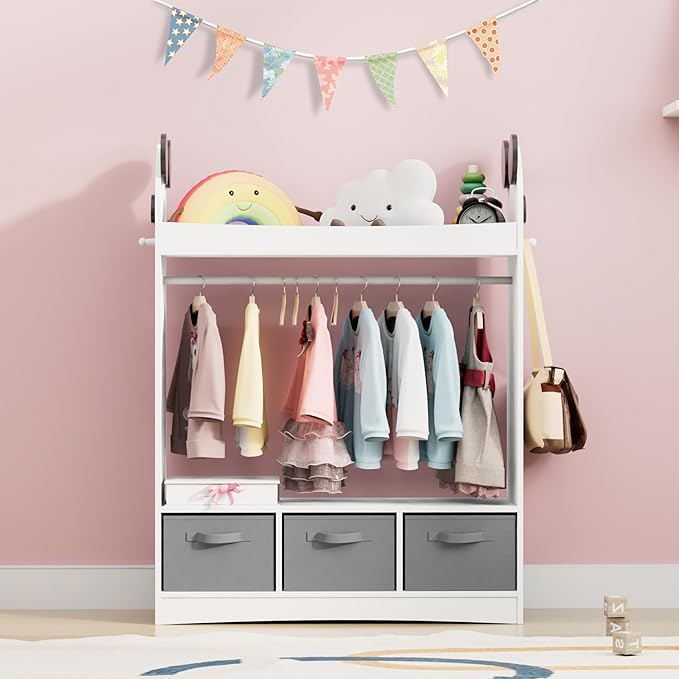 Kids Dress Up Storage Rack Mirror Wood Child Wardrobe 2 Hooks 2 Fabric Bins Toddler Closet Girls Boys Open Hanging Armoire Storage Shelf Coat Costume Hat Shoe (White/Panda/Three Drawers)