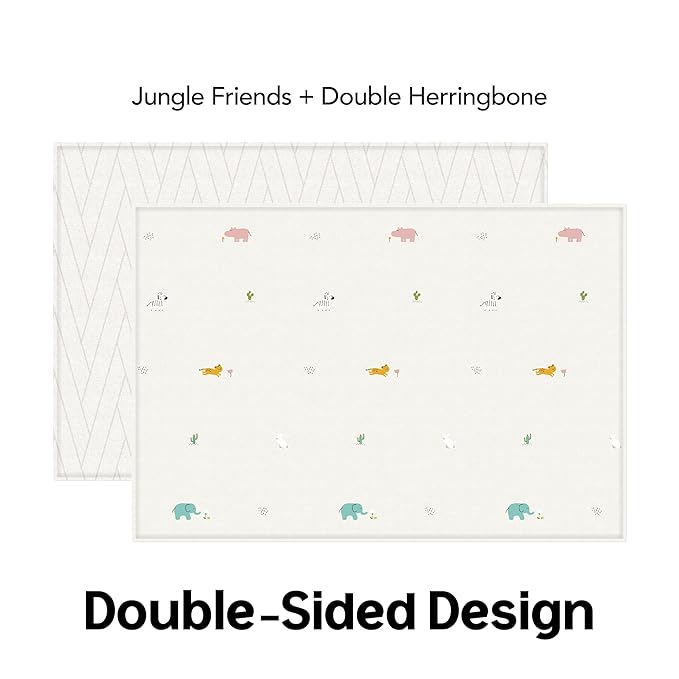Ultra-Cushioned Premium Baby Play Mat - Jungle Friends + Herringbone - Made in Korea - Tummy Time Mat with Superior Shock Absorption, Non-Toxic Baby Floor Mats, Water Resistant, Reversible - 75"x51"