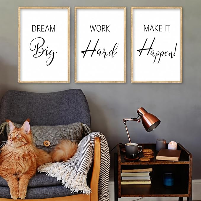 Motivational Positive Sign Wall Decor 11x16 Inch Office Set Of 3 Wood Framed Large Inspirational Quotes Living Room Home Wall Art Dream Big Work Hard Make it Happen women Hanging (Wood)
