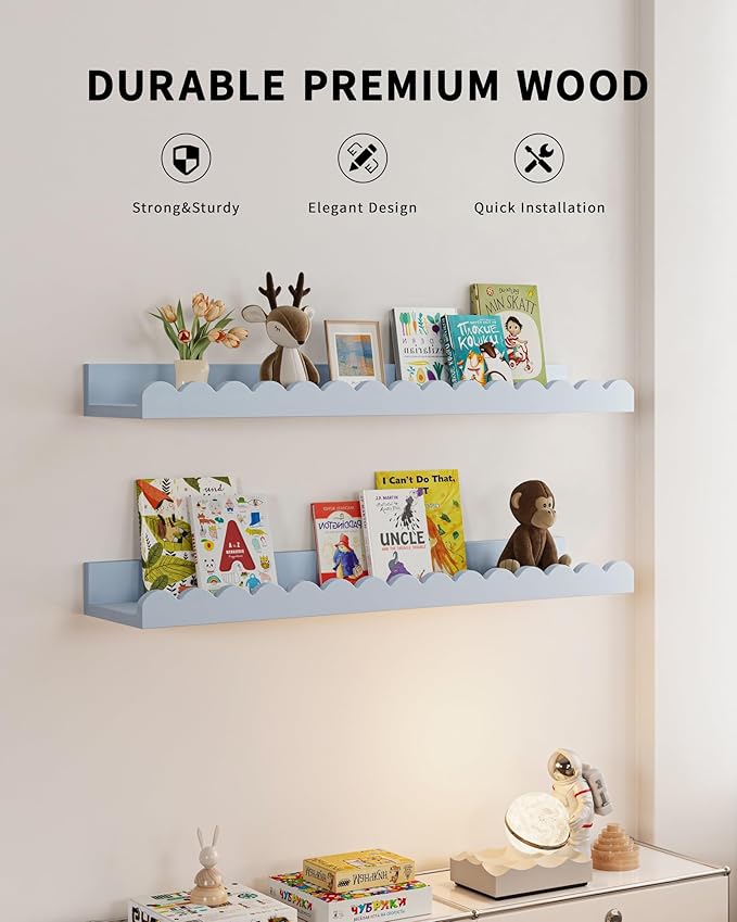 Shario Nursery Book Shelves, 4-Pack White Floating Shelves for Wall Kids, Scalloped Shelves, Wall Book Shelves for Bedroom Kids, Toddler Room, Baby Room, Nursery Decor(Blue, 23 Inches)