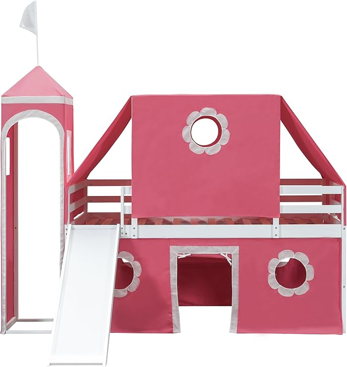 Twin Size Low Loft Bed House Bed with Slide & Tent and Tower, Playhouse Design Solid Wood Tent Bed Frame for Kids Boys Girls, Versatile Spacious Under Bed Space with Curtains (Pink-FT)