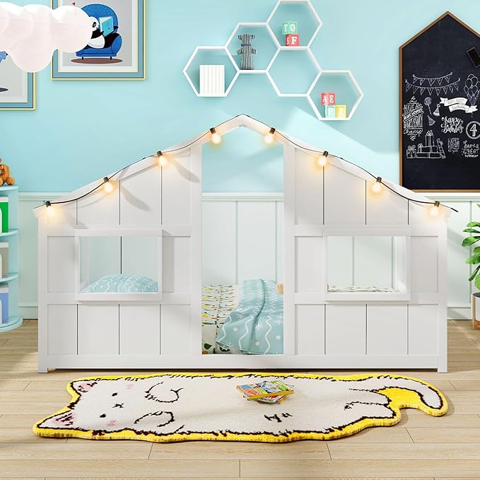 Twin Montessori Floor Bed with Roof, LED Light, Wood House Bed Frame with Headboard and 2 Windows, Low to Ground Cute Playhouse Bed for Kids, Girls, Boys, Without Slats (White)