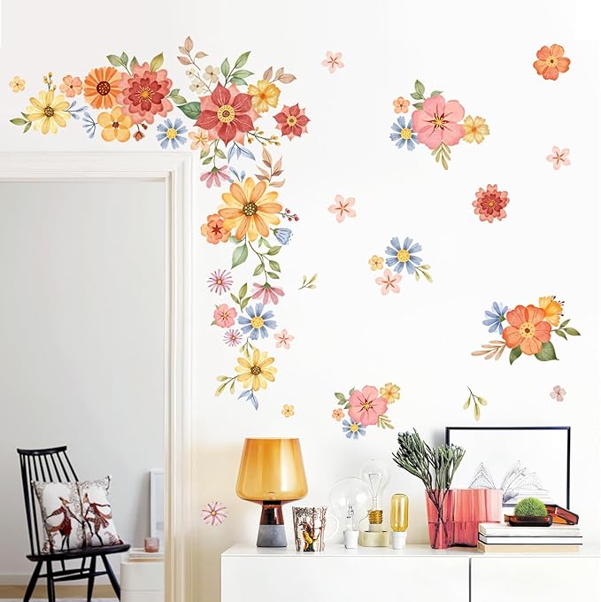 Tanlaby Boho Daisy Flowers Wall Stickers Watercolor Floral Wall Decals Peel and Stick Bohemian Wildflowers Art Decor for Girls Bedroom Living Room Wardrobe