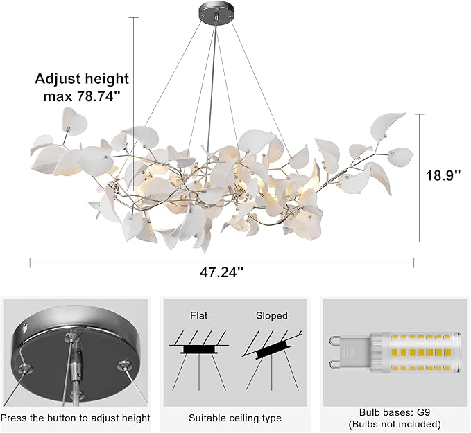 YUYI 47" Ceramic Branch Chandelier, Silver Rectangular Hearted Leaf Chandeliers for Dining Room, Living Room, Kitchen, Foyer, Bedroom, Elegant Art Deco Chandelier Light Fixture