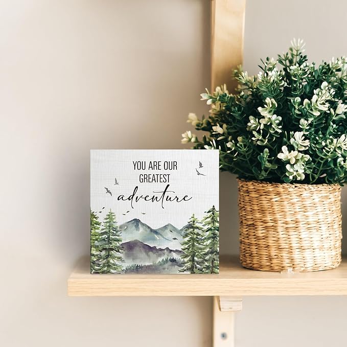Woodland Nursery Wooden Box Sign, Inspirational Desk Decor, Forest Mountain You Are Our Greatest Adventure Wood Block Box Sign Plaque for Kids Baby Boys Room Nursery Wall Shelf Decor