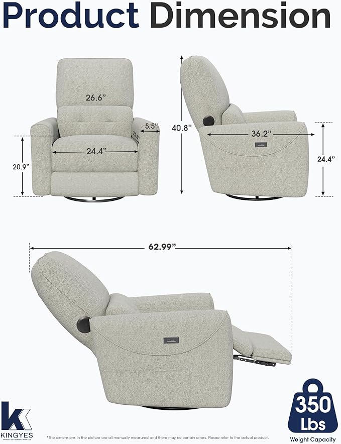 KINGYES Nursery Rocking Chair, Glider Rocking Chair for Nursery, 270° Swivel Glider, Bluetooth Speaker & USB-C Port, Fabric Nursery Recliner Sofa, Gray