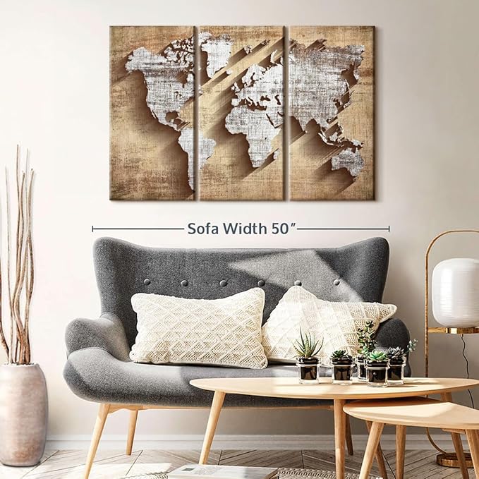 ElephantStock Dimensional World Map II Multi Piece Canvas - 3 Piece Canvas World Map Wall Decor - Wall Decor - Ready-to-Hang Print - Vintage Wall Art - 45" X 28"
