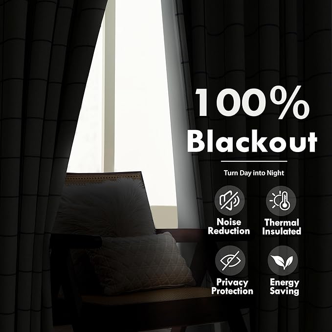 DriftAway 2 Panels 100% Blackout Windowpane Plaid Linen Curtains Double Layer Drapes for Bedroom 102 Inches Long Farmhouse Thermal Insulated 3.25 Inch Rod Pocket Back Tab for Living Room Black