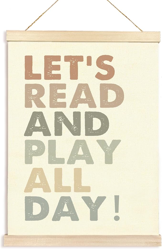 Hiuwevt Kids Playroom Wall Art, Boho Nursery Poster Hanger Frame, Boho Classroom Decor, Let's Read and Play All Day Wall Art Home Decor for Kids Boys Girls Bedroom Room Playroom, 12x16 Inch