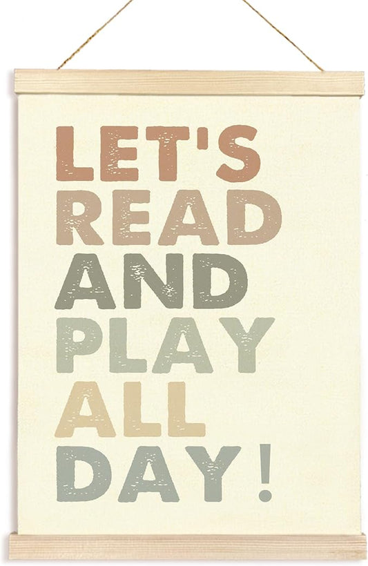 Hiuwevt Kids Playroom Wall Art, Boho Nursery Poster Hanger Frame, Boho Classroom Decor, Let's Read and Play All Day Wall Art Home Decor for Kids Boys Girls Bedroom Room Playroom, 12x16 Inch