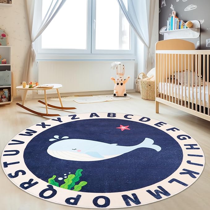 Round Kids Rug for Playroom,4ft ABC Alphabet Whale Kid Rug,Non-Slip Kids Rug Play Mat,Washable Educational Classroom Rug Kids Area Carpet for Kids Room Bedroom Nursery Playroom Decor