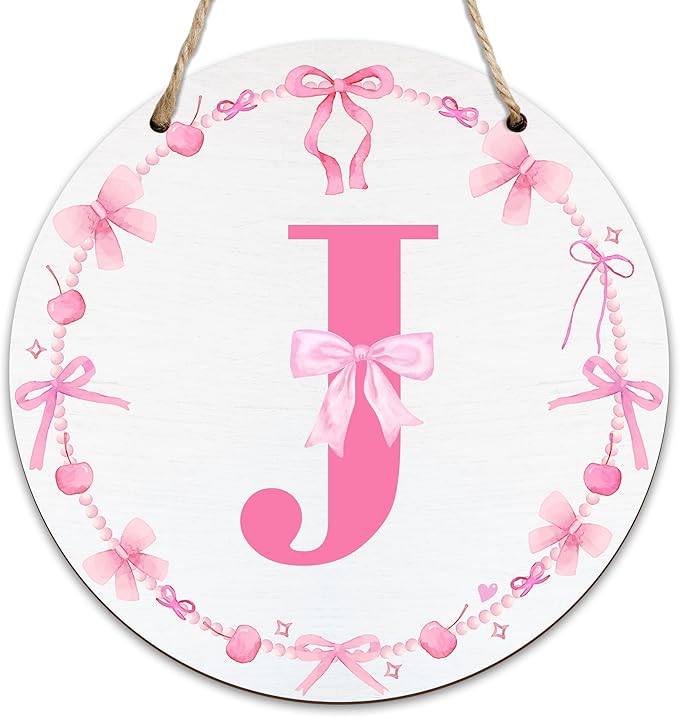 Monogram Round Sign For Front Door, Cherry Bow Theme Sign For Porch Art Wall Door, Initial Signs Hanging Ornament For Indoor Outdoor, Decorations Gifts For Four Seasons Rustic Home Kitchen, J, A10