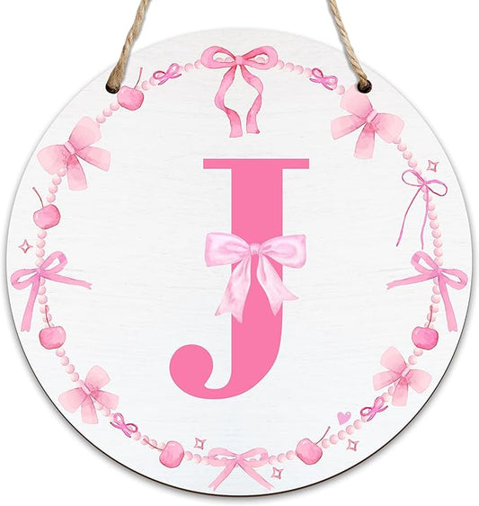 Monogram Round Sign For Front Door, Cherry Bow Theme Sign For Porch Art Wall Door, Initial Signs Hanging Ornament For Indoor Outdoor, Decorations Gifts For Four Seasons Rustic Home Kitchen, J, A10