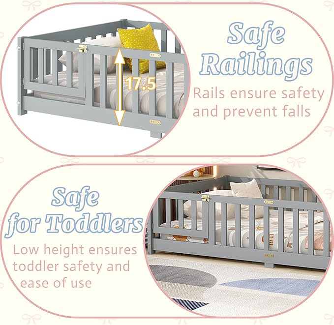 Twin Size Floor Bed for Kids, Wood Montessori Floor Beds with Fence Railings, Door & Slats Support, Twin Playhouse Bed Frame for Boys Girls, No Box Spring Needed, Gray