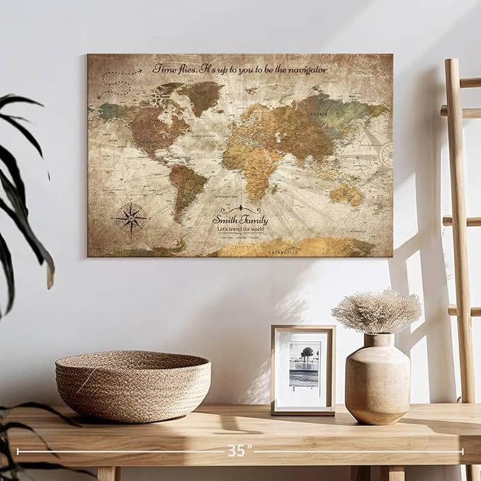 ElephantStock - Personalized Be The Navigator I Push Pin World Map Wall Art - Horizontal Canvas Wall Art - Living Room Wall Decor - Digital Art Map Canvas Art - Brown And Beige Decor - 24" x 16"