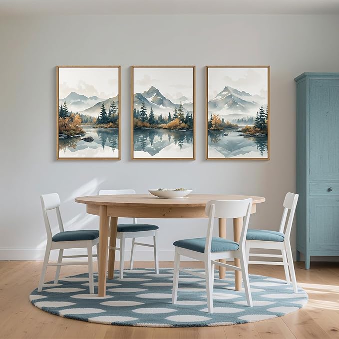 HLNIUC Winter Christmas Mountain Wall Art Framed,Large White Snowy Forest Decor Set of 3 (24"x36"), Watercolor Nature Lake Foggy Landscape Canvas Painting for Living Room, Bedroom, Office