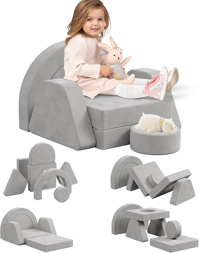 7 PCS Modular Kids Play Block Couch Child Sectional Sofa Toddler Building Fortplay Bedroom Playroom Baby Convertible Floor Foam Cushion for Boys & Girls (Light Gray-Single)