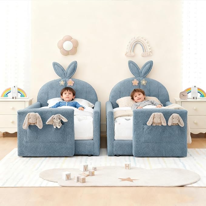 Twin Bed with Rails, Montessori Bed Frame for Toddlers, Boucle Upholstered Platform Bed with Rabbit Ear Headboard, for Kids & Teens, Blue