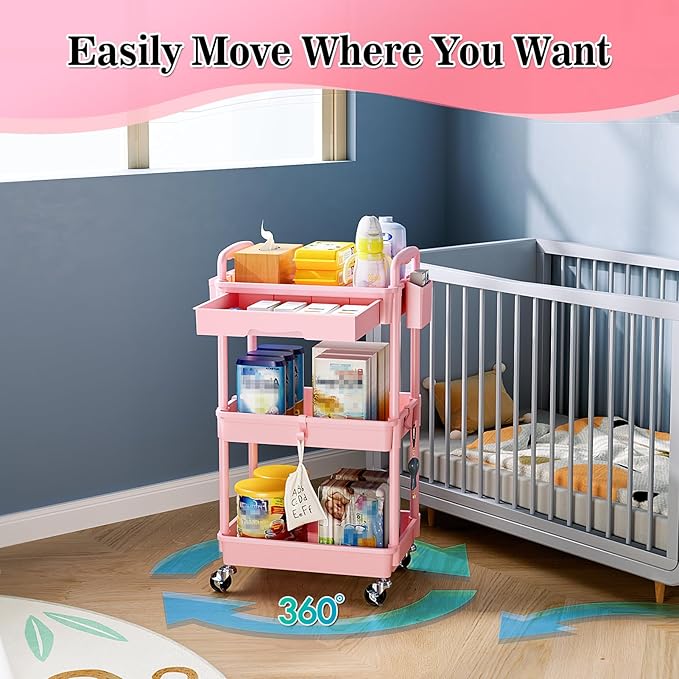 3 Tier Rolling Cart with Drawer, Bathroom Storage Organizer with 2 Lockable Wheels, Multifunctional Rolling Storage Cart for Bathroom, Kitchen, Office, Craft, Makeup, Baby Essentials, Pink