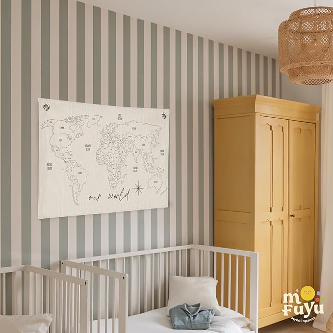 MOFUYU World Map for Kids Canvas Banner - World Maps for Wall, Kids Room Wall Decor, Adventure Nursery Hanging Sign, Geography Learning for Playroom and Bedroom 30x20 Inch