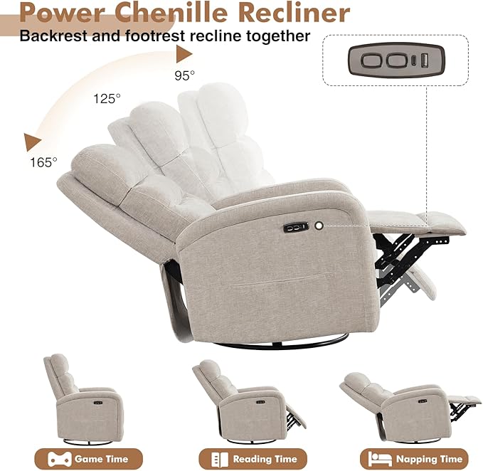 Glider Recliner Nursery Chair, Power Swivel Rocker Recliner with Adjustable Backrest Support, Swivel Rocking Nursery Recliner Chairs with USB and Type-C Ports for Living Room, Chenille Camel
