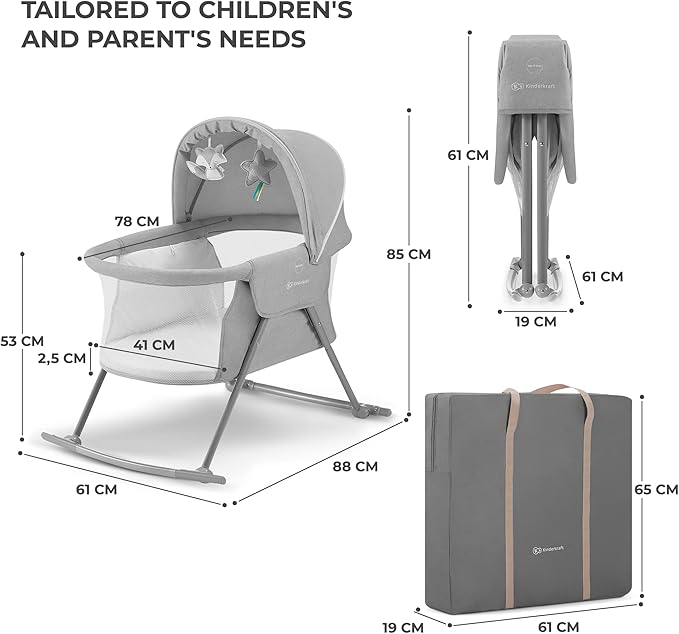 Kinderkraft LOVI Travel Bassinet for Baby, Portable Folding Baby Bed with Built-in Mosquito net, Adjustable Hood and an Additional Cradle Function, Grey