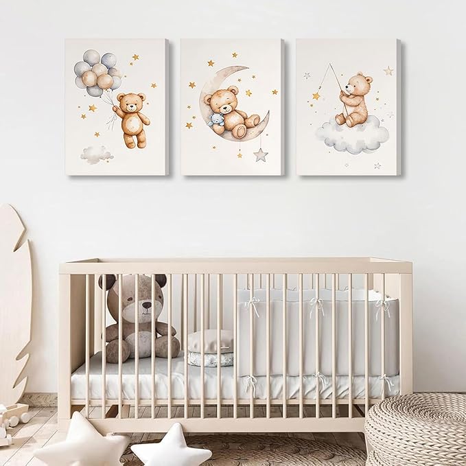 3 Pcs Framed Teddy Bear Nursery Canvas Wall Art Bear Sleeping on The Moon and Stars Wall Decor Pictures Balloon Cloud Neutral Poster Prints for Kids Baby Room Kindergarten Home Decoration 12x16in