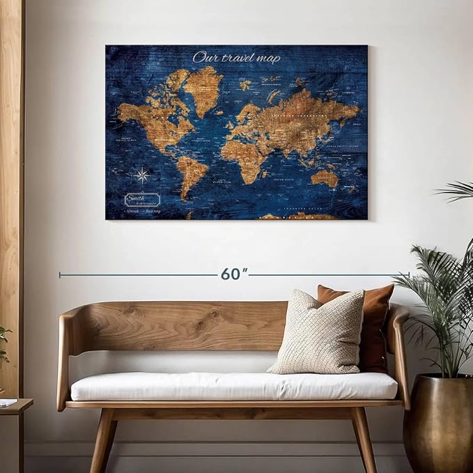 ElephantStock - Personalized Our Travel I Push Pin World Map Wall Art - Horizontal Canvas Wall Art - Living Room Wall Decor - Digital Art Map Canvas Art - Brown And Blue Decor - 45" x 30"
