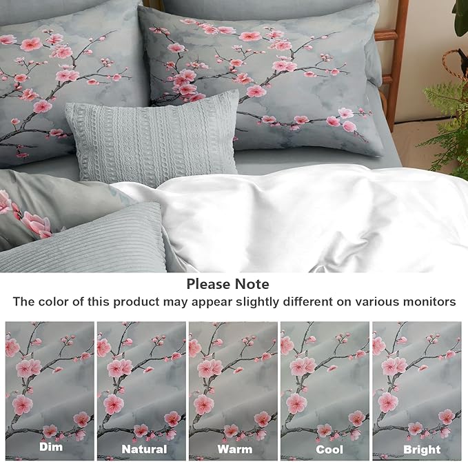 Grey Pink Cherry Blossom Duvet Cover Full Size Japanese Cherry Blossoms Duvet Cover Set Vintage Floral Bedding Set Soft Microfiber Comforter Cover(2 Pillowcases, No Comforter)