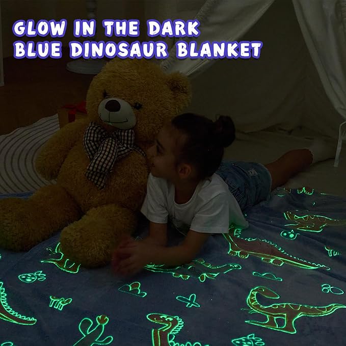 inhand Dinosaur Gift Toys for Kids Glow in The Dark Dinosaur Blanket for Boys Girls Fluffy Cozy Fleece Kids Blanket Birthday Christmas Halloween Easter Child Gifts Blue 50"x60"