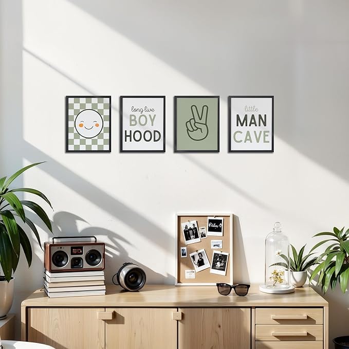 OFJE Sage Green Baby Boy Long Live Boyhood and Little Man Cave Wall Art Prints Set of 4, Baby Boys Posters for Nursery Kids Room Playroom Bedroom Decor, 8x10 Unframed