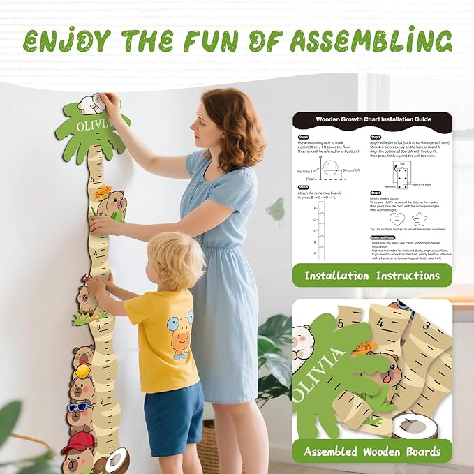 Personalized Name Wooden Growth Chart for Kids – Cute Capybara Height Chart for Kids, Kids Measuring Ruler for Nursery, Bedroom, Playroom, for Baby Shower, Holiday Gift