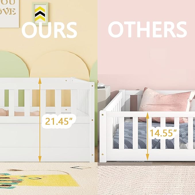 Bellemave Twin Floor Bed with Slats and High Fence, Twin Size Montessori Floor Beds with Door, No Box Spring Needed, Easy Assemble Montessori Bed Frame(White Twin)