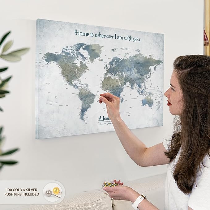 ElephantStock - Home With You II Push Pin World Map Wall Art - Horizontal Canvas Wall Art - Living Room Wall Decor - Digital Art Map Canvas Art - Blue And Gray Decor - 30" x 20"