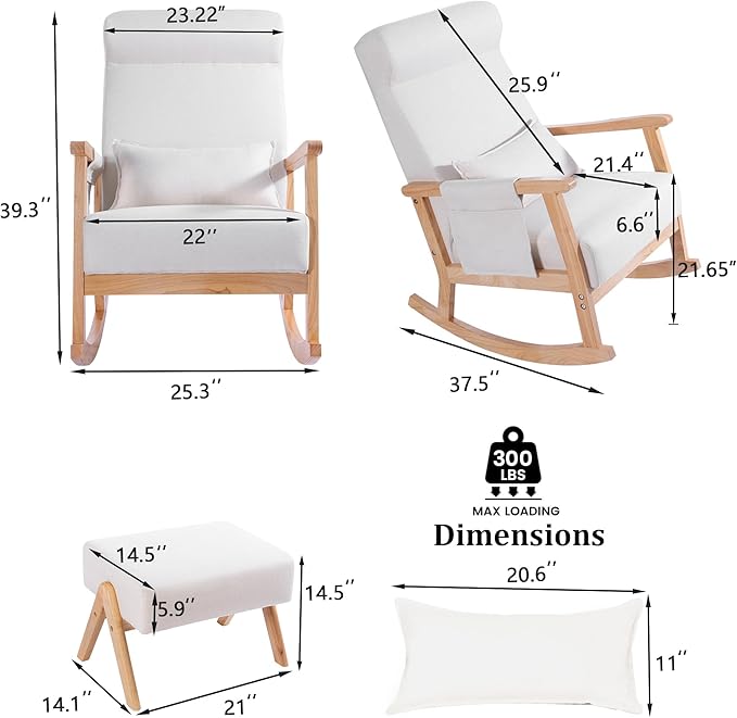 NOBLEMOOD Rocking Chair with Ottoman, Upholstered Nursing Glider Rocker with Side Pocket & Pillow, Comfy High Back Reading Chair with Solid Wood Legs for Nursery/Living Room/Bedroom