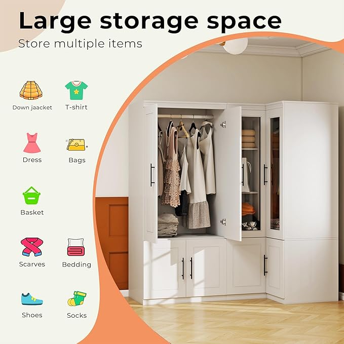 Armoire Wardrobe Closet with 4 Door: Wood Wardrobe Closet Transparent Door Wooden Combination Cabinet Bedroom Armoire with Hanging Rods for Home/Bedroom/Living Room