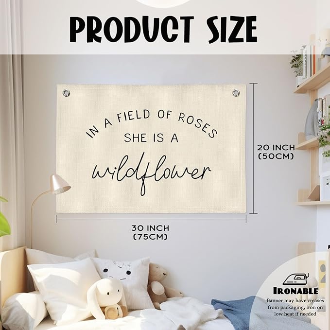 Wildflower Nursery Decor, Girls Room Decor - In a Field Full of Roses She Is a Wildflower Pink Linen Banner Flag for Little Girl Baby Girl - Black