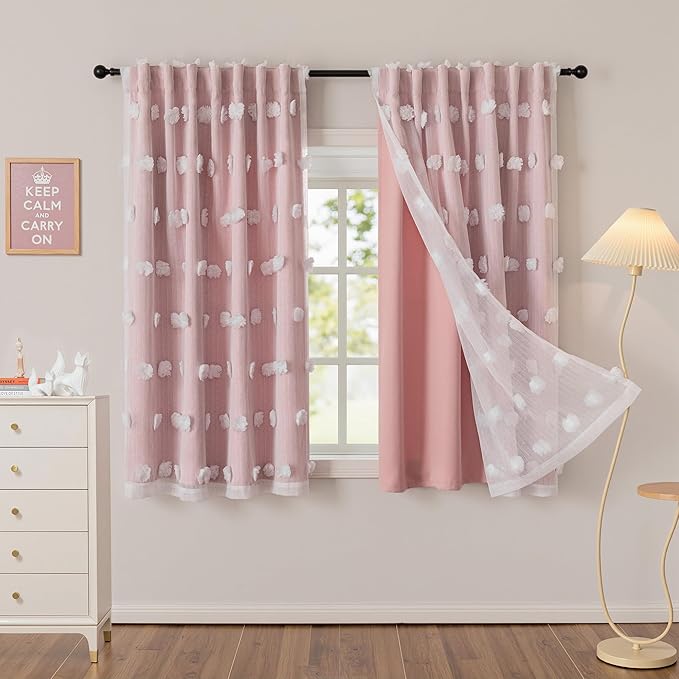MYSKY HOME Pink Curtains for Girls Bedroom Nursery Curtain Double Layer White Pom Pom Sheer Window Panels for Kids Room Back Tab Room Darkening Window Drapes 63 Inches Length, W52 X L63, 2 Pieces
