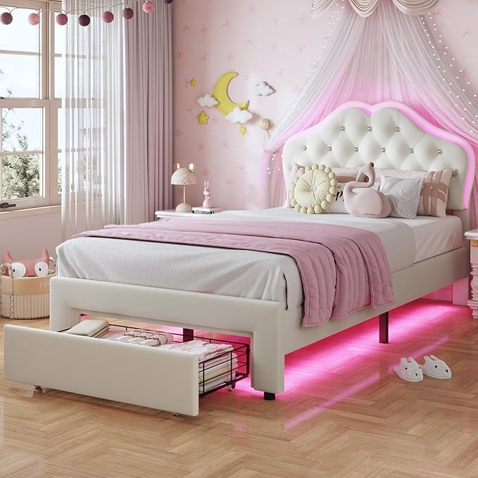 BTHFST Twin Size Girl Bed with Storage Drawer & LED Lights, Upholstered Platform Bed, Adjustable Headboard with Velvet Crystal Button Princess Bed, Wood Slats Support, No Box Spring Needed, Beige