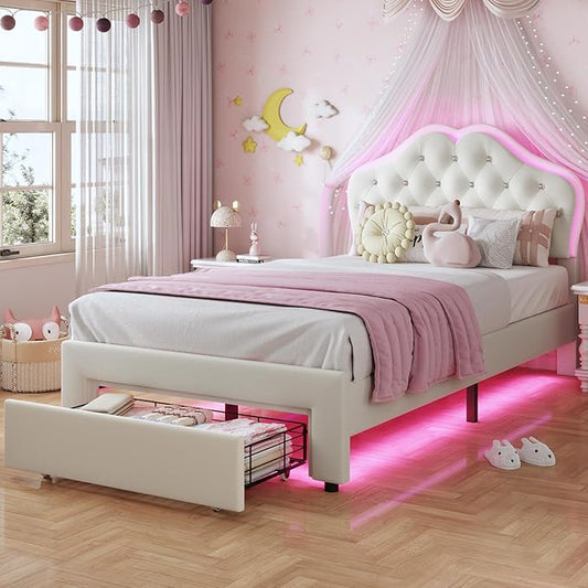 BTHFST Twin Size Girl Bed with Storage Drawer & LED Lights, Upholstered Platform Bed, Adjustable Headboard with Velvet Crystal Button Princess Bed, Wood Slats Support, No Box Spring Needed, Beige